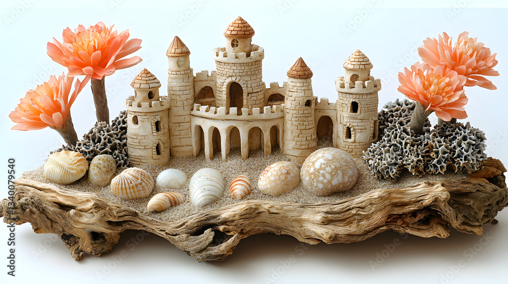 Obraz premium Miniature sandcastle with seashells coral and peach flowers atop driftwood against a light background.