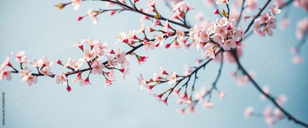 Delicate pastel blue backdrop, blossoming branches, ample copy space, romantic, template Delicate pastel blue backdrop, blossoming branches, ample copy space, romantic, template