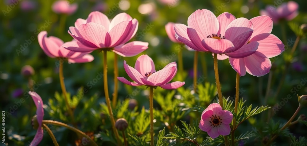 Obraz premium Delicate pink anemones unfurl in soft morning light, dew-kissed petals vibrant against lush green foliage, wildflower, anemone