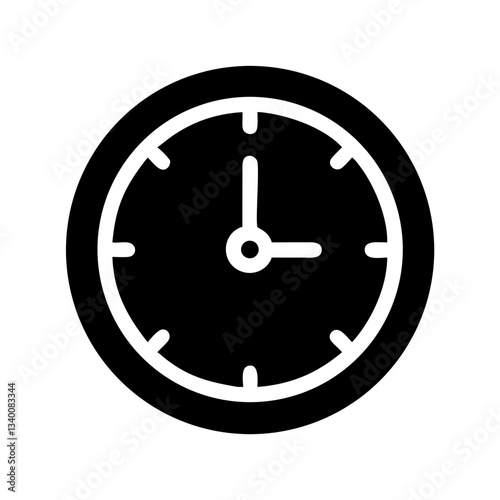 Black clock icon with white hands and numbers on a circular face  