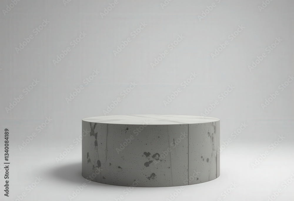 minimalist concrete podium with cylindrical shape, set against neutral gray background. surface is smooth, while sides display natural concrete textures, ideal for product presentation or display