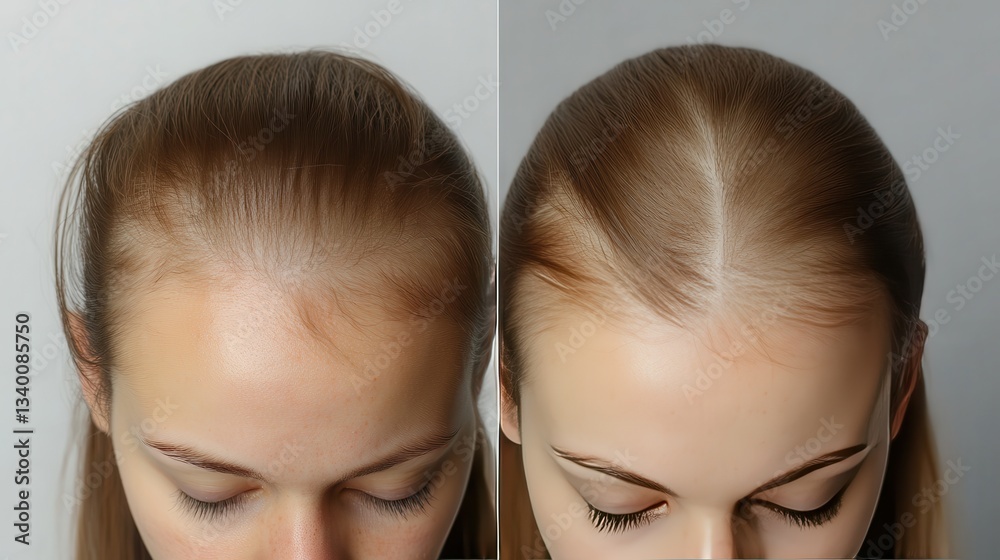 Before and after head shot of a young woman with a receding hairline on her forehead and parting. Baldness. Close-up, front view. Hair care and treatment concept. Hair loss, hair transplant, alopecia Before and after head shot of a young woman with a receding hairline on her forehead and parting. Baldness. Close-up, front view. Hair care and treatment concept. Hair loss, hair transplant, alopecia