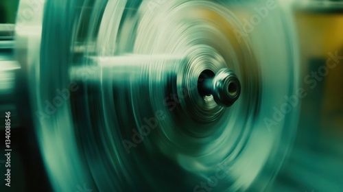 A metal lathe spins quickly in a blurred green effect