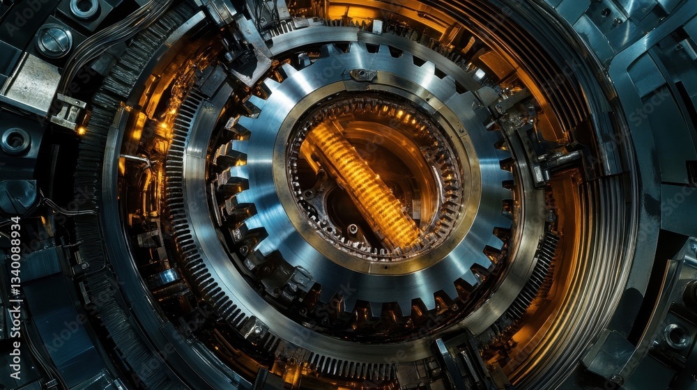 A close up view of a complex mechanical device interior A close up view of a complex mechanical device interior
