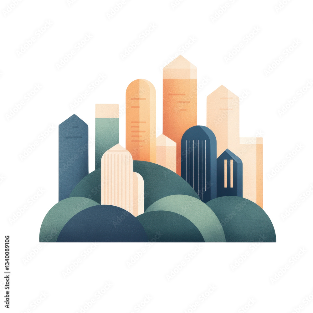 Obraz premium A collection of stylized buildings with varying shapes and colors, rising from a rounded base, creating a modern urban skyline.