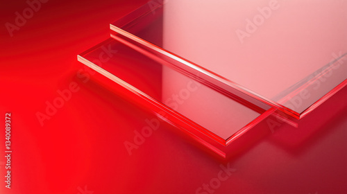 3D Staggered Red Acrylic Sheets with Transparent Glass Texture and Red to White Gradient in a Minimalist Composition