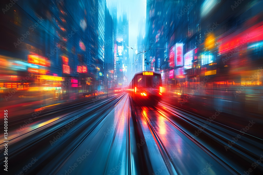Dynamic motion blur depicts a futurist cityscape with a speeding train Dynamic motion blur depicts a futurist cityscape with a speeding train