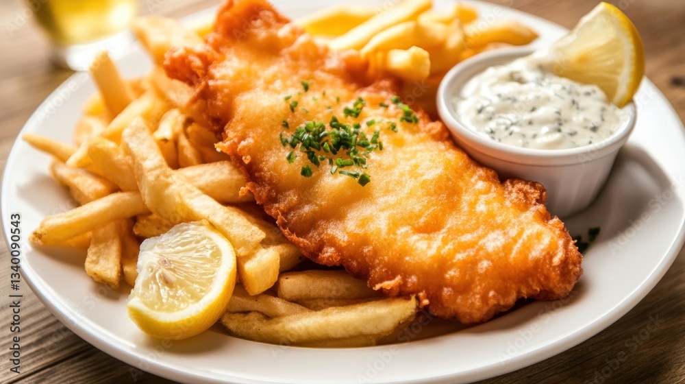 A plate of crispy fish and chips served with tartar sauce and a wedge of lemon --ar 16:9 --v 6.1 Job ID: 73dd56b1-0e7f-4158-8085-21e8dede5ef2 A plate of crispy fish and chips served with tartar sauce and a wedge of lemon --ar 16:9 --v 6.1 Job ID: 73dd56b1-0e7f-4158-8085-21e8dede5ef2
