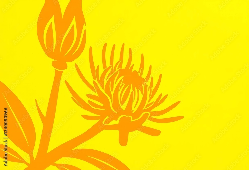 Fototapeta premium Golden protea stencil on sunny yellow background, aesthetic, image