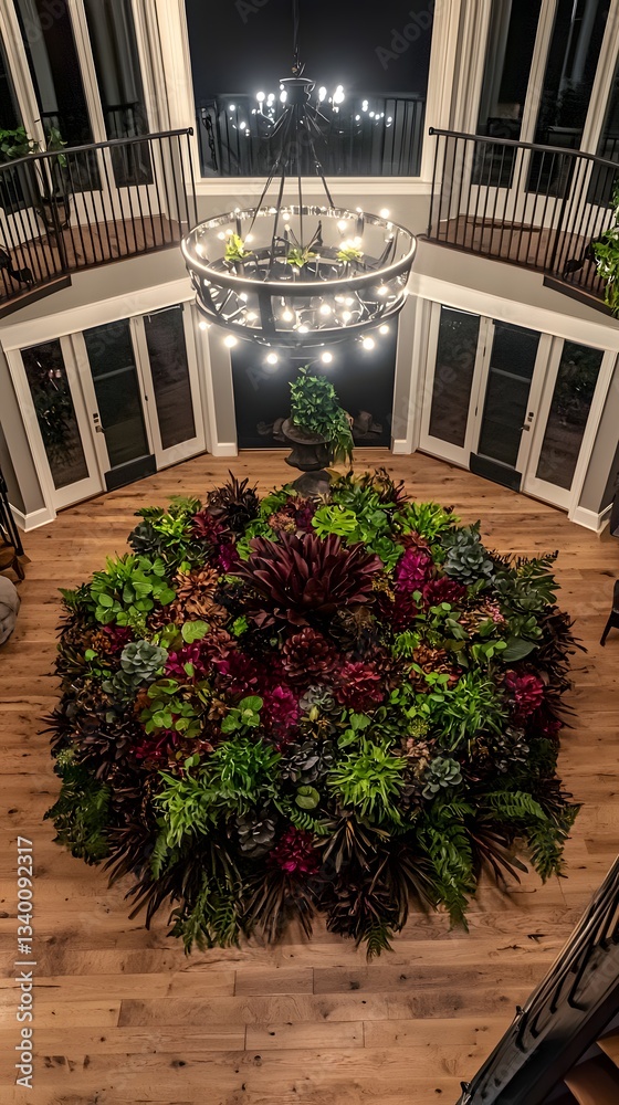Circular table adorned with an exquisite arrangement of colorful flowers creating a luxurious centerpiece Circular table adorned with an exquisite arrangement of colorful flowers creating a luxurious centerpiece