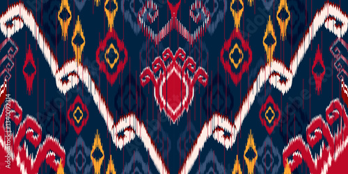 Ethnic ikat seamless pattern.beautiful pattern. floral embroidery, bohemian style, abstract flower art print. ethnic ikat abstract art. seamless fabric. ikat design for fabric, wallpaper, clothing.	
