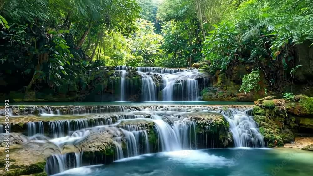 Serene waterfall cascading into a tranquil pool in a lush tropical forest Serene waterfall cascading into a tranquil pool in a lush tropical forest