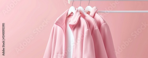 A collection of stylish pink sweatshirts hanging on a clothing rack. The soft fabric and pastel color create a cozy atmosphere, perfect for casual and trendy outfits.