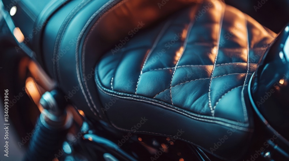 Naklejka premium Close up view of a detailed black leather motorcycle seat