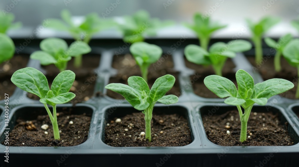 Small green seedlings sprout in a black plastic propagation tray. Use this for gardening articles, growth concepts, or spring themes. Small green seedlings sprout in a black plastic propagation tray. Use this for gardening articles, growth concepts, or spring themes.