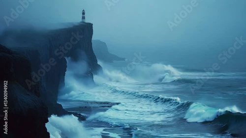 Dramatic ocean waves hit tall dark cliffs under a moody sky, with a distant lighthouse standing in the misty background.