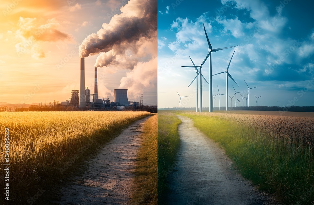 Obraz premium Split-screen: Fossil fuels vs. renewable energy. Pollution vs. clean energy. Modern, contrasting.