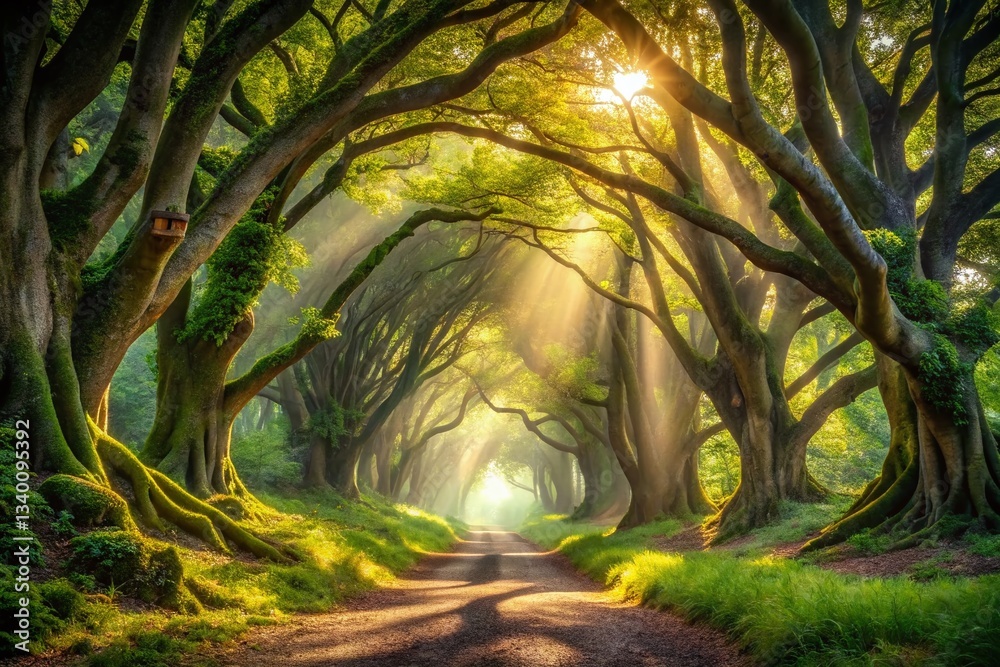 Naklejka premium Enchanted Forest Path: Magical Archway of Ancient Trees in Misty Sunlight