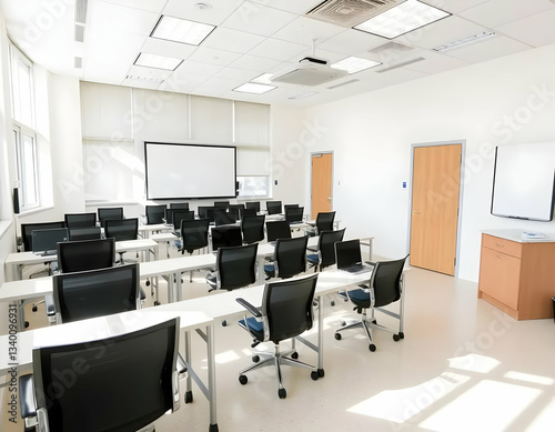 An empty classroom featuring tables chairs laptops and a projection screen
