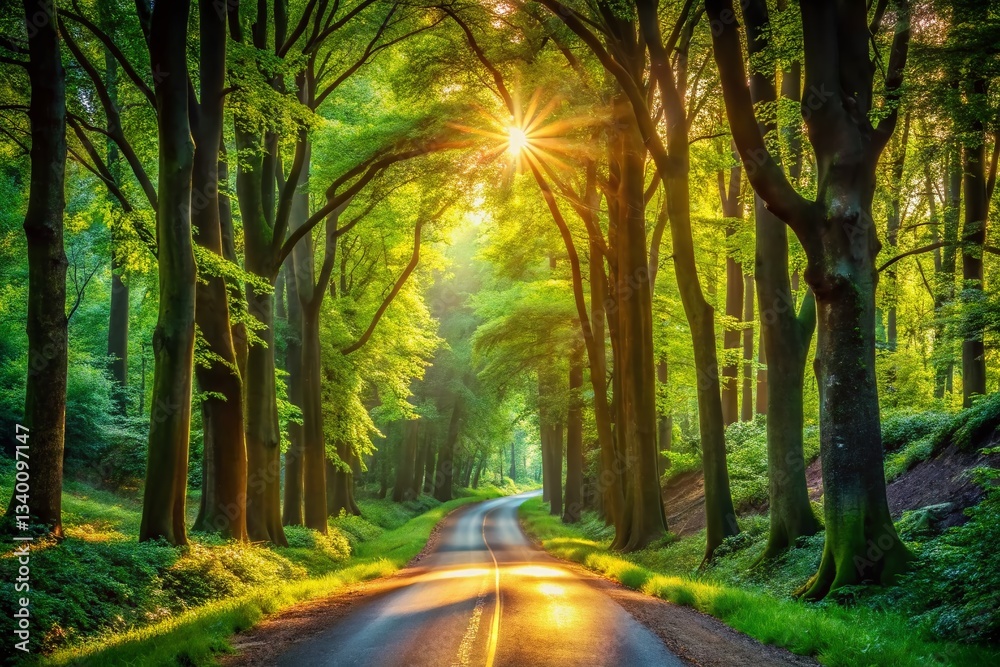 Obraz premium Enchanting Forest Road: Sunlit Path Through Lush Green Canopy, Architectural Photography Style