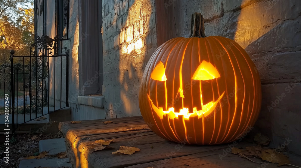 Obraz premium Lit Jack-o'-Lantern Against Brick Wall