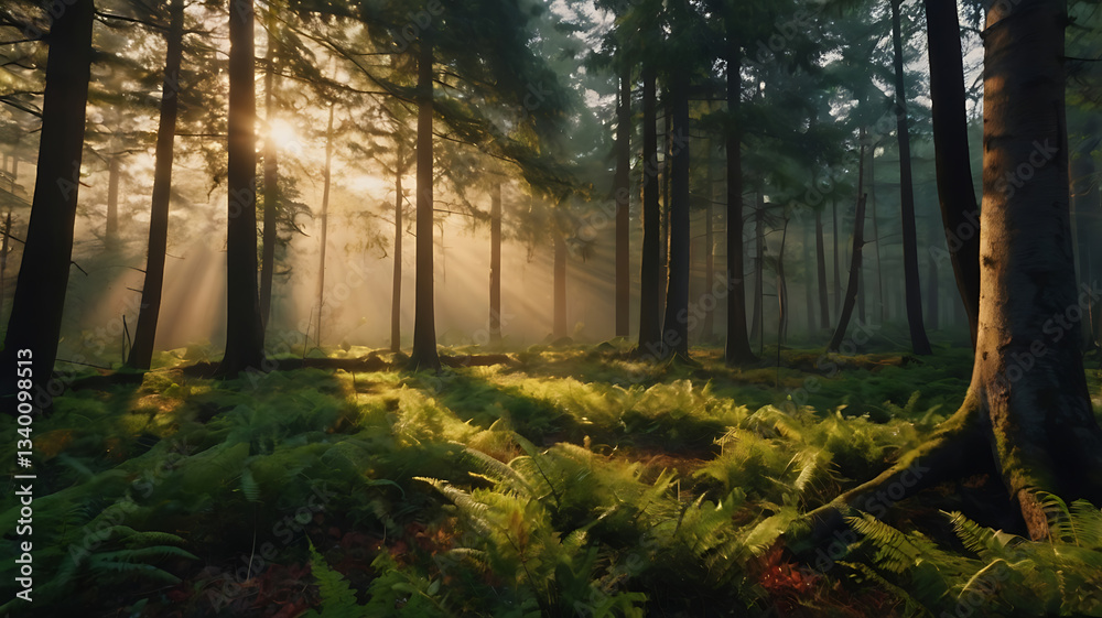 Fototapeta premium Sunlight Streaming Through Dense Forest with Ferns Covering the Ground