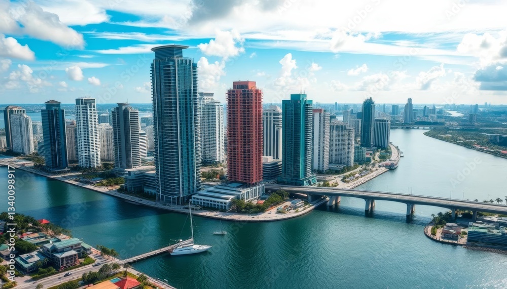 Obraz premium Miami Brickell Key skyscrapers, river, bridge aerial view, horizon, river