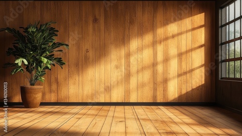 Empty room with wooden walls and floor, natural light