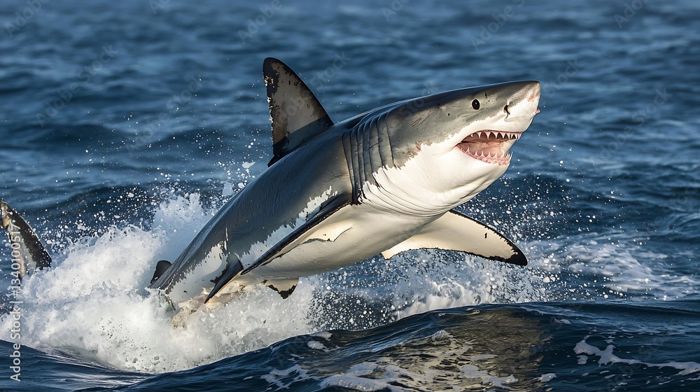 Fototapeta premium Great white shark breaking through the ocean surface its powerful body mid leap ultra sharp details