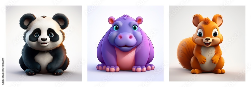 Obraz premium Cute cartoon panda, hippo, and squirrel images ideal for kids' education, learning about animals and sparking childhood imagination.