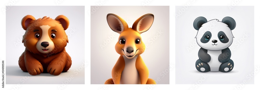 Obraz premium Cute cartoon animals: bear, kangaroo, and panda. Ideal for kids' education and learning about wildlife during childhood. Fun and playful.
