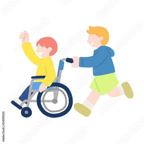 楽しそうに歩く車いすのこどもと車いすを押すこども(男の子)のフラットなイラスト
