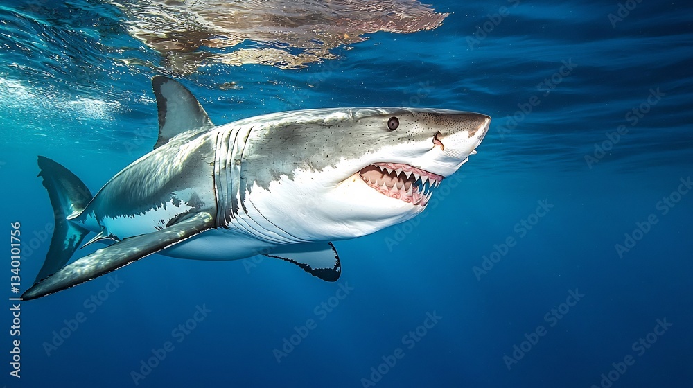 Naklejka premium Great white shark lunging forward in crystal clear blue waters razor sharp teeth visible dramatic lighting National Geographic documentary style