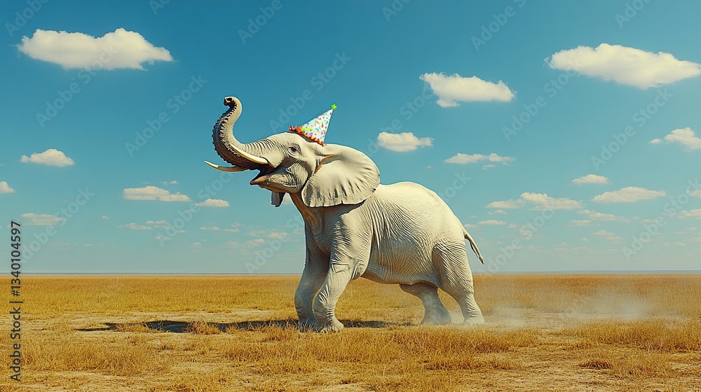 Fototapeta premium Happy elephant celebrating a birthday in a savanna