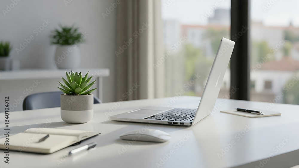 Fototapeta premium Modern Workspace with Laptop and Plants