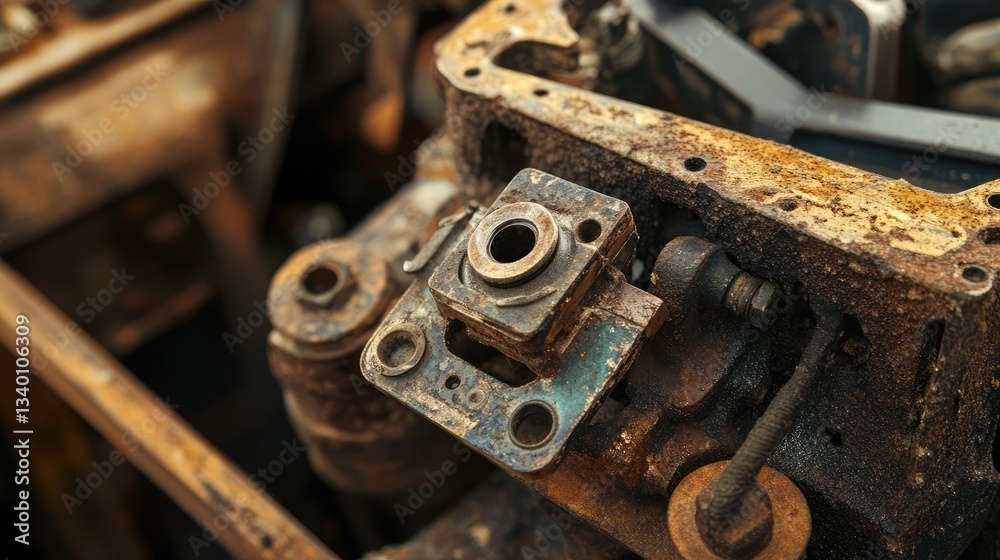 A close-up of a rusted ignition coil mounting bracket in an old engine A close-up of a rusted ignition coil mounting bracket in an old engine