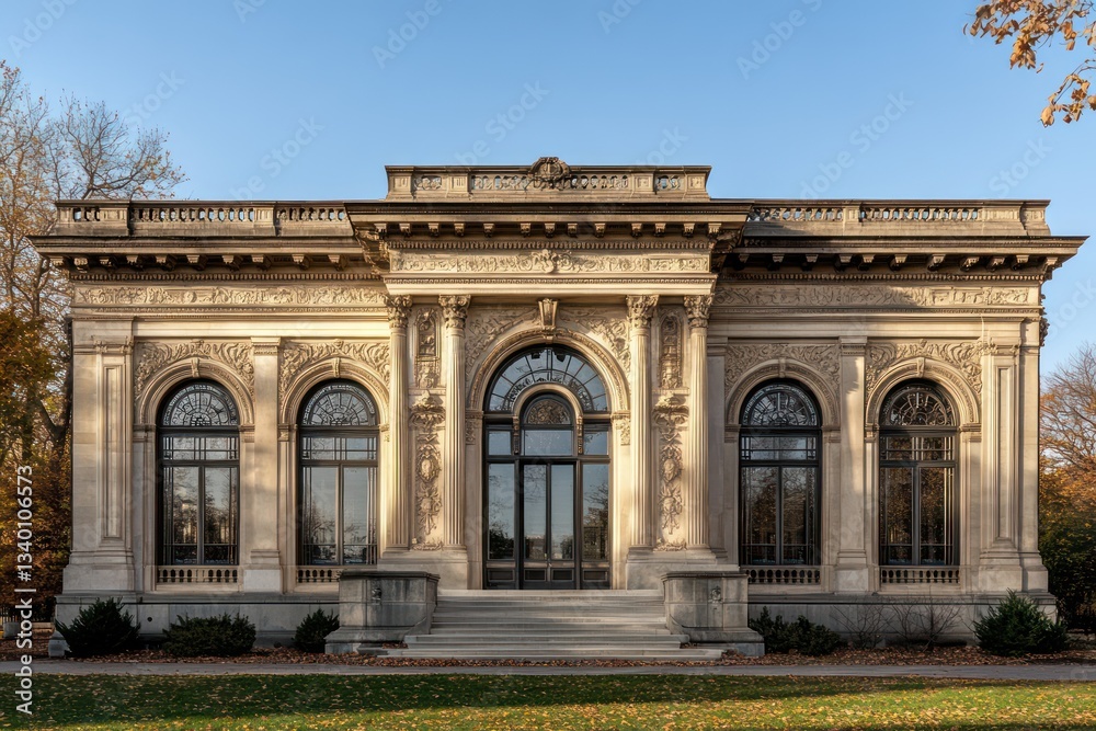 Obraz premium A stately building adorned with intricate friezes, arched windows, and balanced proportions