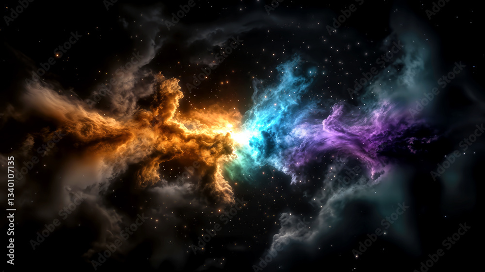 Fototapeta premium A vibrant cosmic nebula illuminates the dark expanse of space with swirling colors of orange, blue, and purple. This celestial display captivates observers with its stunning beauty.