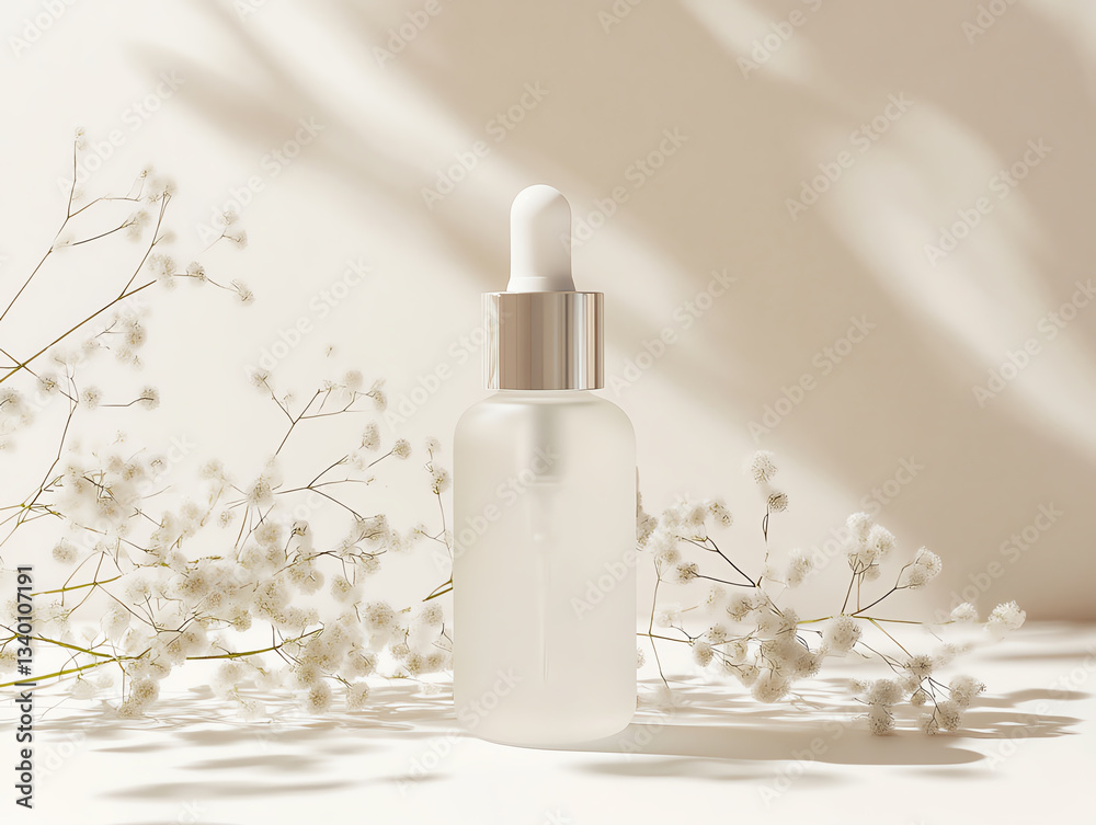 Minimalistic skincare bottle with delicate floral shadows. Minimalistic skincare bottle with delicate floral shadows.
