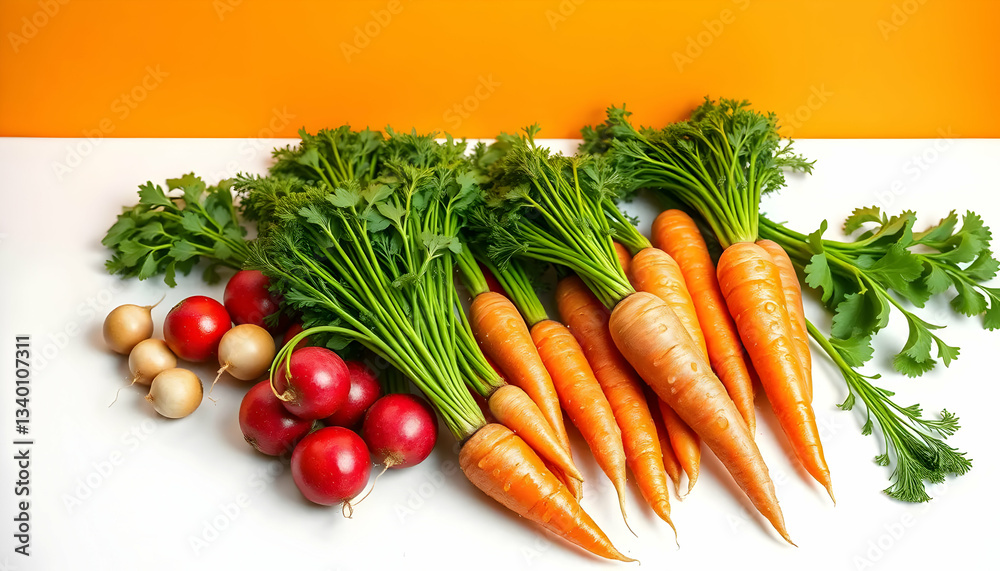 Freshly harvested carrots radishes and small round root vegetables sit Freshly harvested carrots radishes and small round root vegetables sit