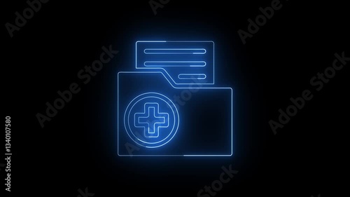 Glowing neon medical record icon isolated on black background. 4k motion graphic animation