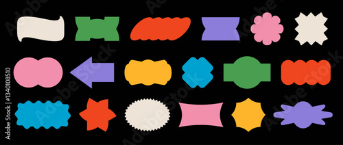 Abstract sticker shape set. Colorful retro pop art border element collection. Bright geometric frame pack for badge, tag, label, banner, poster, sign, flyer, logo. Vector Swiss style patch bundle