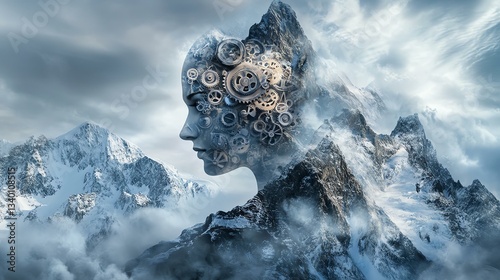 A surreal representation of a woman's face made from gears blending seamlessly into a mountain landscape.