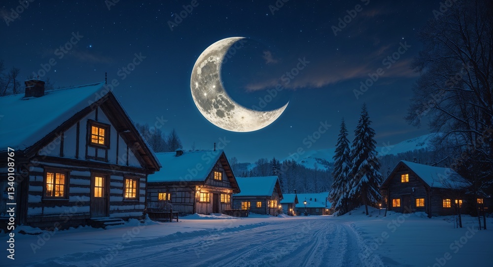 Fototapeta premium Crescent Moon Hanging Over a Quiet Snow Covered Village at Night