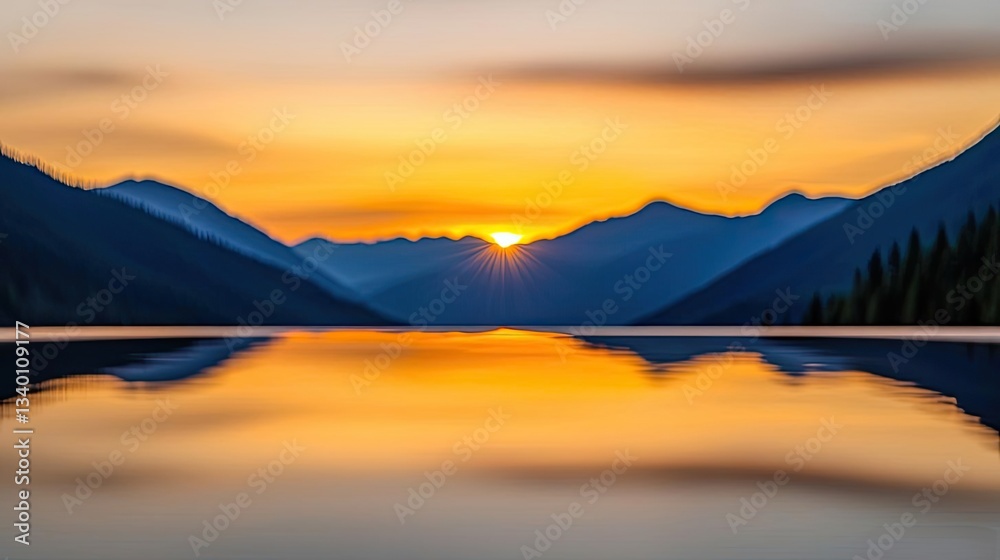 Fototapeta premium Lakeside sunset landscapes concept. Serene sunset over tranquil lake with mountain reflections and vibrant colors.