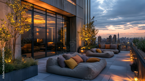 Luxury rooftop terrace with cityscape view at sunset, cozy seating.