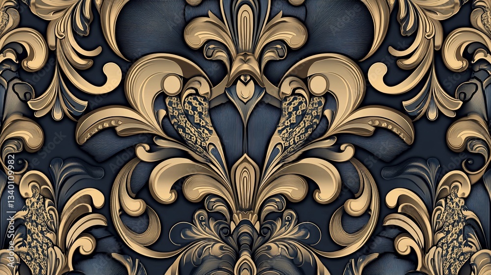 Ornate floral pattern in gold and navy, suitable for wallpaper or textile design. Ornate floral pattern in gold and navy, suitable for wallpaper or textile design.