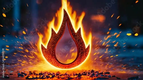 Fire symbol with vibrant flames illuminating a dark background