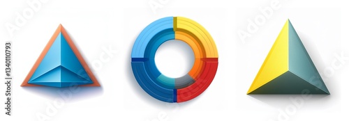 Three dimensional shapes: layered triangle, segmented circle, simple triangle. Geometric and colorful on a white background.