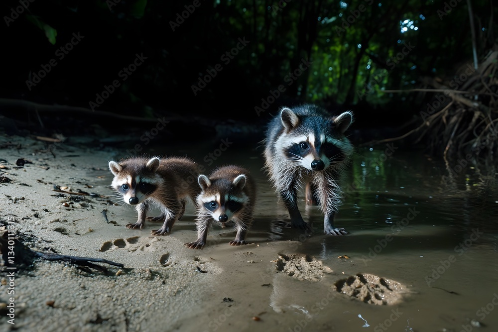 Obraz premium Raccoon family explores the moonlit riverbank at night